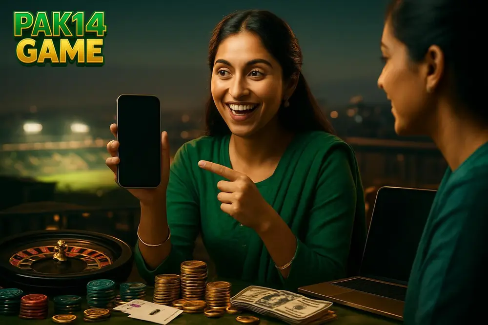 PAK14 GAME app — a Pakistani woman showing her phone screen excitedly to a friend while sitting on a rooftop in the