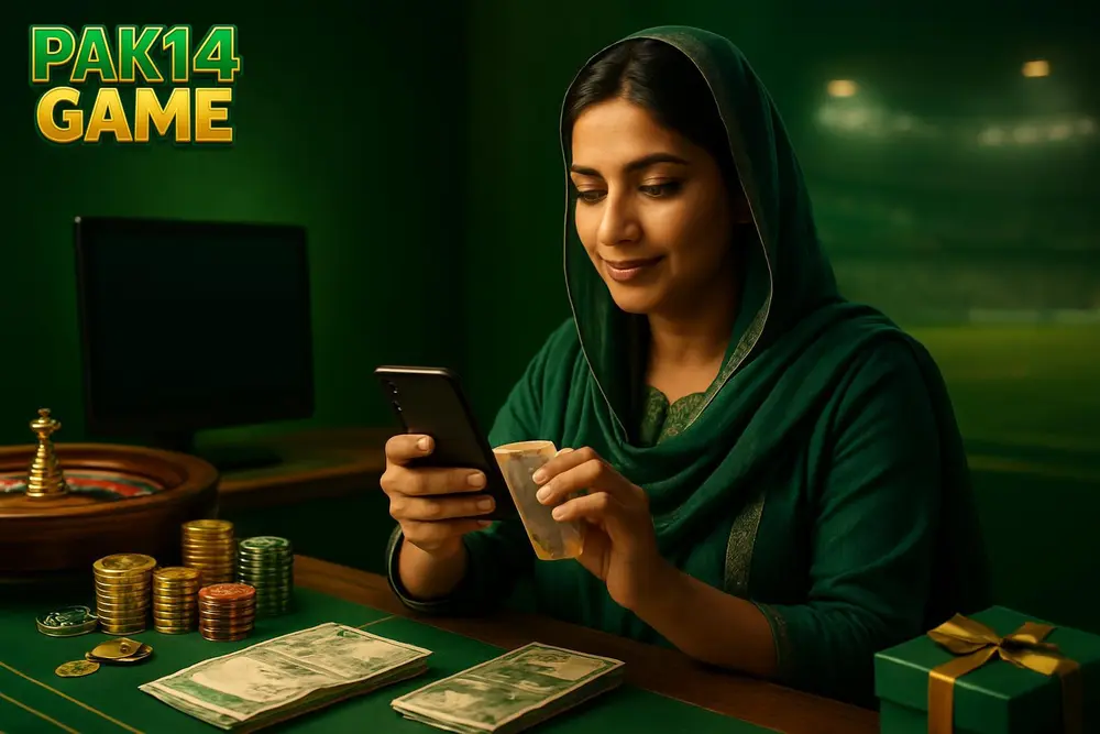 PAK14 GAME deposit โ a Pakistani woman at a small shop counter making a mobile payment with banknotes visible on the PAK14 GAME deposit โ a Pakistani woman at a small shop counter making a mobile payment with banknotes visible on the