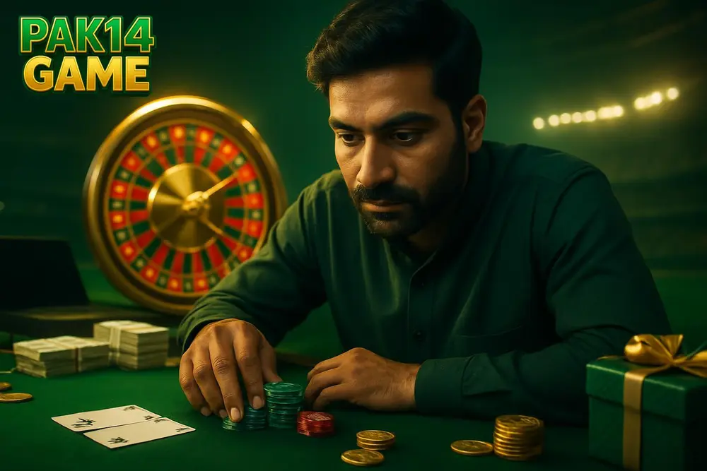 PAK14 GAME games โ a Pakistani man leaning over a game table stacked with colorful chips as a spinning wheel glows PAK14 GAME games โ a Pakistani man leaning over a game table stacked with colorful chips as a spinning wheel glows