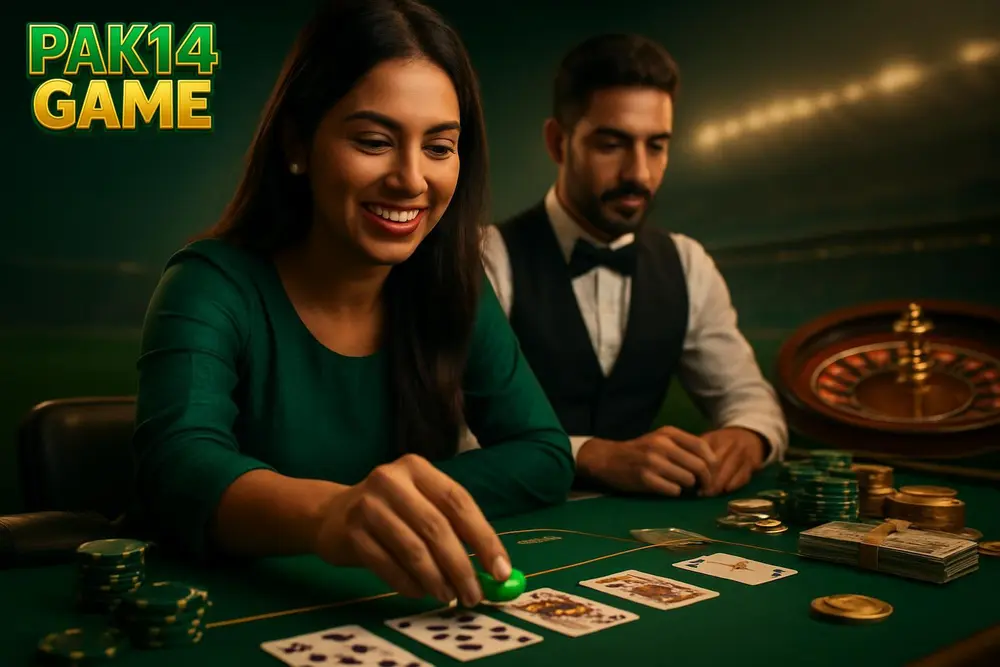 PAK14 GAME games โ a young Pakistani woman smiling as she places glowing casino chips at a table with playing cards PAK14 GAME games โ a young Pakistani woman smiling as she places glowing casino chips at a table with playing cards