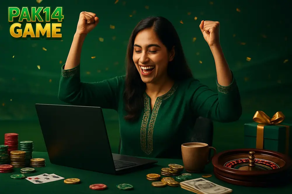 PAK14 GAME Pakistan โ a Pakistani woman sitting at a table with a laptop and a cup of chai, celebrating with raised PAK14 GAME Pakistan โ a Pakistani woman sitting at a table with a laptop and a cup of chai, celebrating with raised