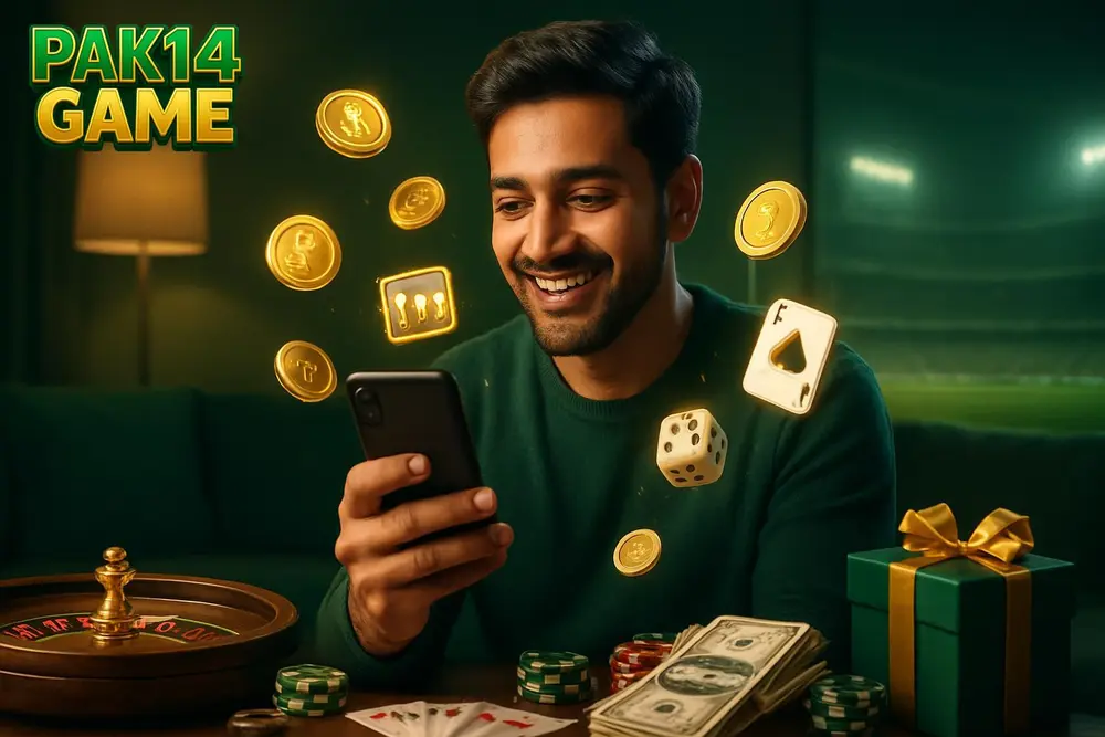 PAK14 GAME Pakistan โ a young Pakistani man smiling while holding a smartphone with glowing coins and game icons PAK14 GAME Pakistan โ a young Pakistani man smiling while holding a smartphone with glowing coins and game icons