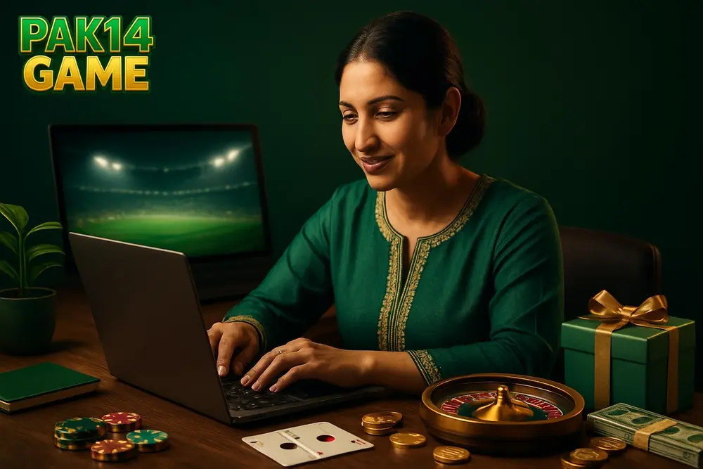 PAK14 GAME login — a Pakistani woman unlocking her account on a laptop at a home office desk with a small plant and