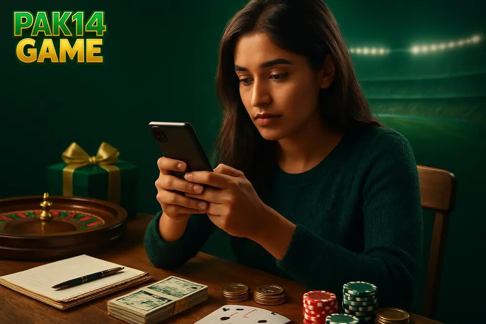 PAK14 GAME register โ a young Pakistani woman filling a registration form on her smartphone at a wooden desk with a PAK14 GAME register โ a young Pakistani woman filling a registration form on her smartphone at a wooden desk with a