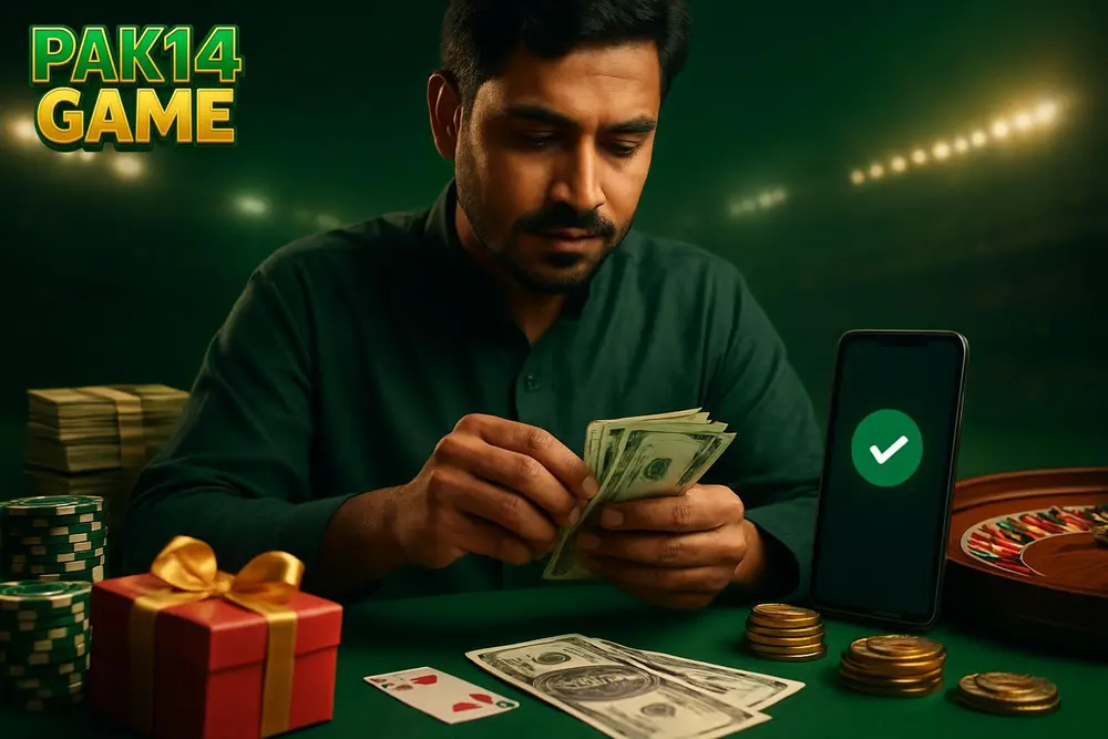 PAK14 GAME withdraw — a Pakistani man counting cash at a small counter with a smartphone showing a payment